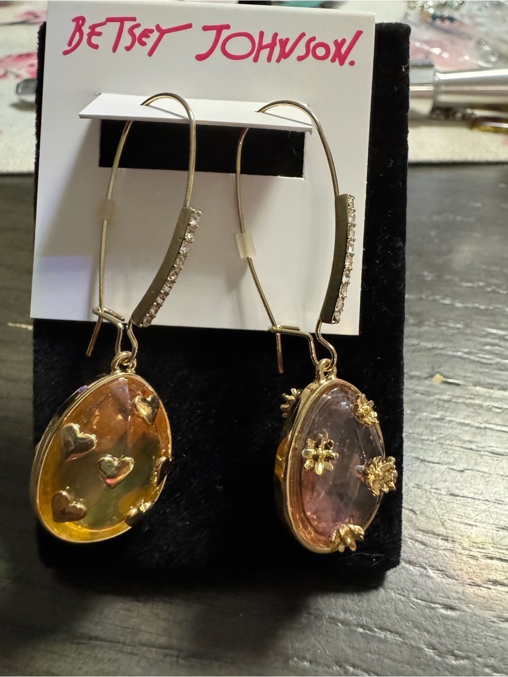 Betsey Johnson Gold-Tone Pink and Amber Resin Drop Earrings